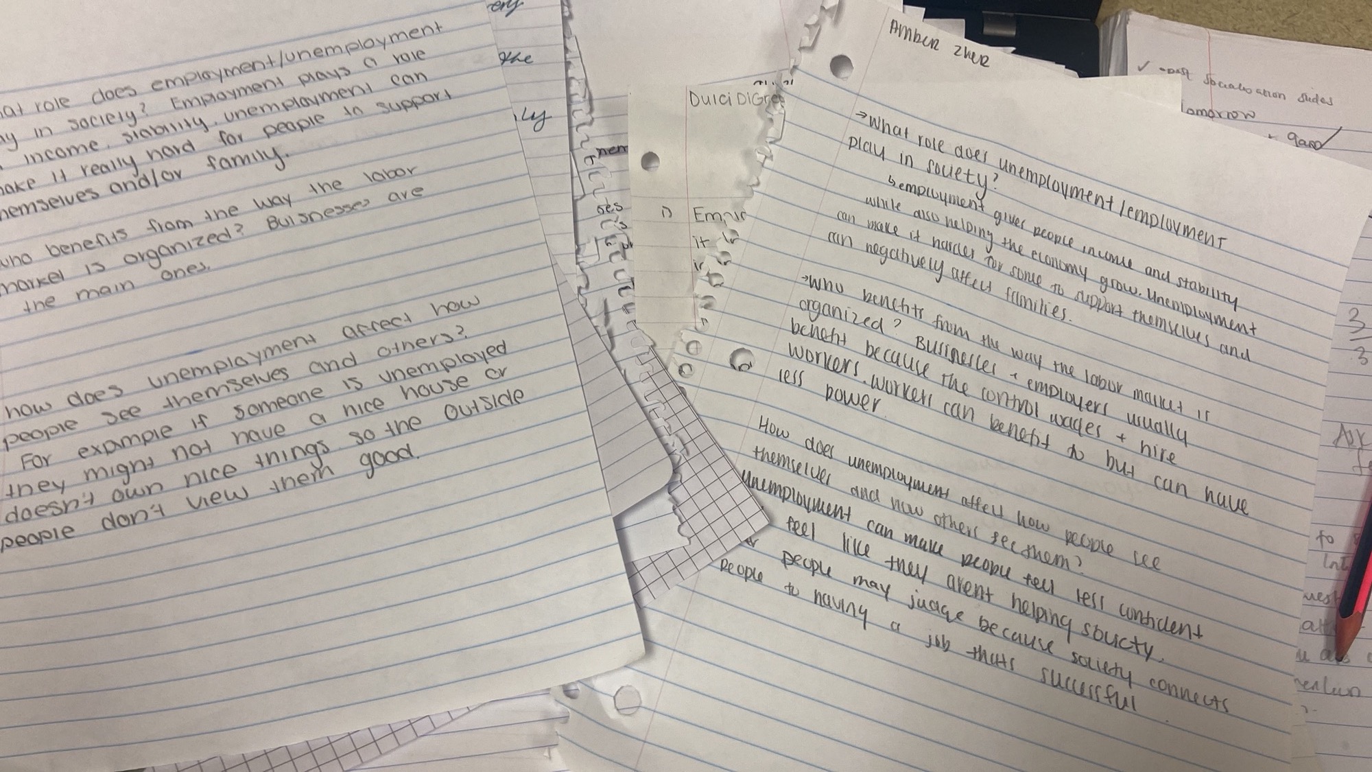 Handwritten student responses from an in-class reflection activity